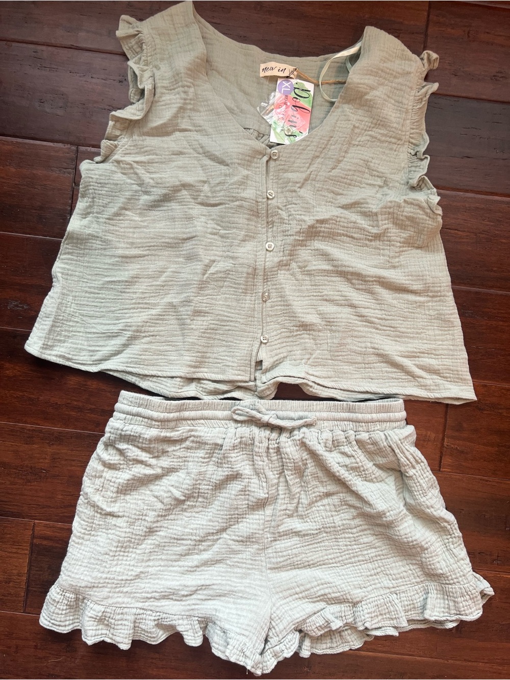 Women's Cotton Gauze Set — Soft Sage Button Tank & Ruffle Shorts